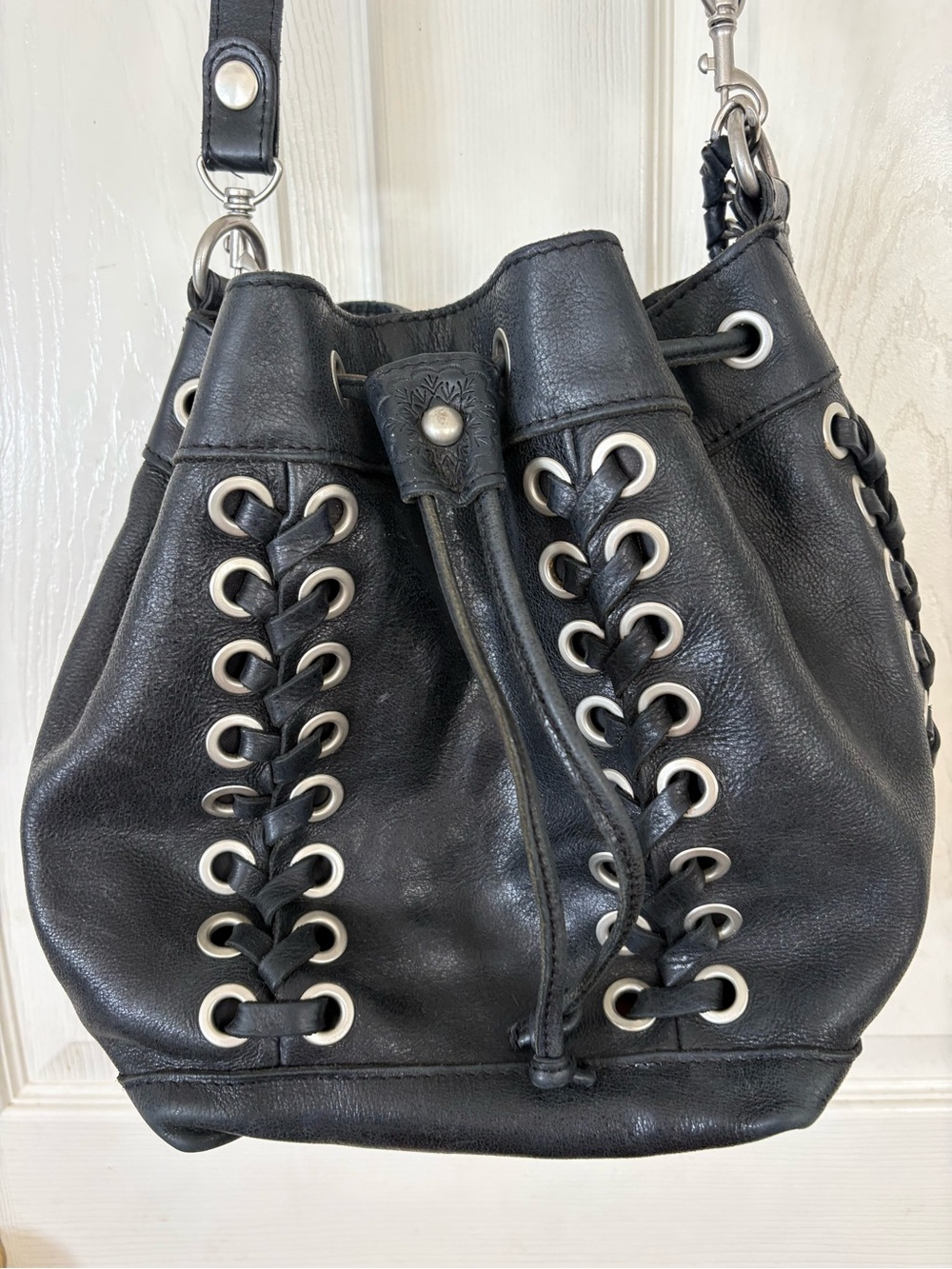 Patricia Nash Black Leather Crossbody Bucket Bag One Of A Kind Statement Piece